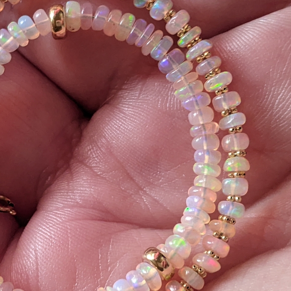14k Yellow Gold Baby Pink Ethiopian Opal Beaded Gemstone Gold spacers Necklace - Picture 9 of 13